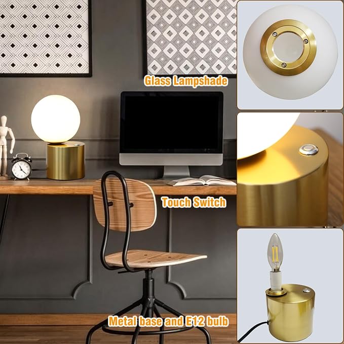 Gold Globe Dimmable Table Lamp Set of 2, Nightstand Lamps Mid Century Modern Desk Lamp with Milk White Glass Shade for Dorm,Bedroom(Low 2 Pack)
