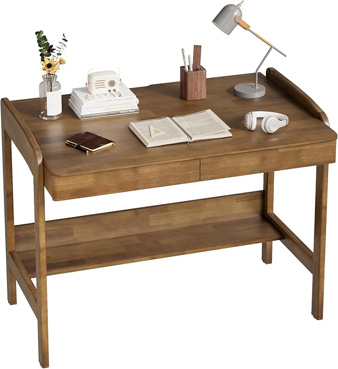 100% Solid Wood Desk with Drawers - 40 Inch Mid Century Modern Desk, Rubber Wood Vintage Desks, Manual Standing & Adjustable Height Writing Desks for Bedroom|Small Spaces - Walnut Color