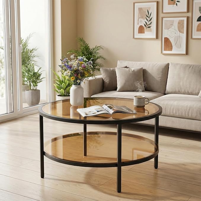 DIYART 29.5" Round Glass Coffee Table, 2-Tier Modern Amber Glass & Metal End Table for Living Room, Mid Century Accent Table with Lower Shelf, 29.5" D x 16.5" H