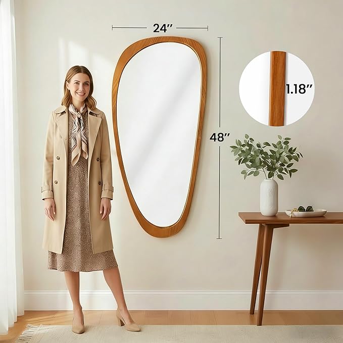 Irregular Asymmetrical Wall Mirror 48"×24" with Solid Wood Frame, Organic Mid-Century Modern Decorative Full-Length Wall Mirror for Living Room, Entryway, Bedroom & Bathroom