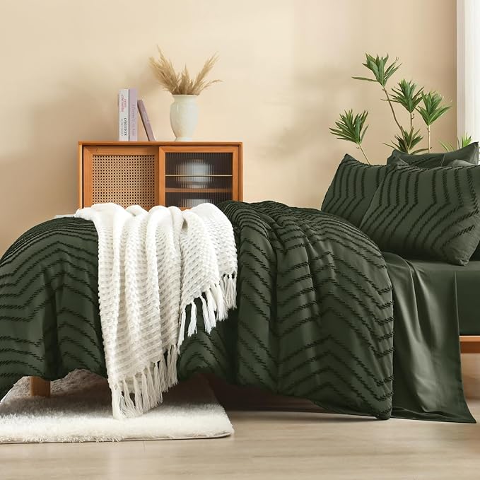 Litanika Full Size Comforter Sets with Sheets Dark Olive Green - 7 Pieces Bed in a Bag Full Chevron Tufted Complete Bedding Sets with Comforter, Sheets, Pillowcases & Shams