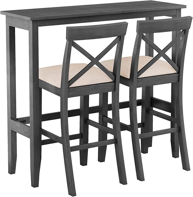 VilroCaz Farmhouse 3-Piece Counter Height Wood Kitchen Dining Sets, Home Bar Pub Kitchen Breakfast Set, 48'' Long Bar Table with 2 Upholstery Chairs for Small Places (Gray-I)