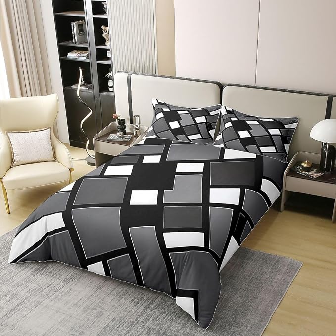 Erosebridal Black Gray Geometric 100% Cotton Duvet Cover Queen Plaid Abstract Art Bedding Set for Kids Teens Adults Black Checkered Striped Comforter Cover Grids Modern Artistic Bed Set 3 Pcs