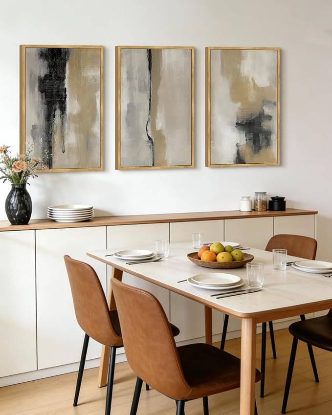 KUVIOKE Black Abstract Framed Wall Art Neutral Graffiti Pastel Minimalist Wall Decor Modern Art Painting for Bedroom Living Room 24x36in (Natural Framed)