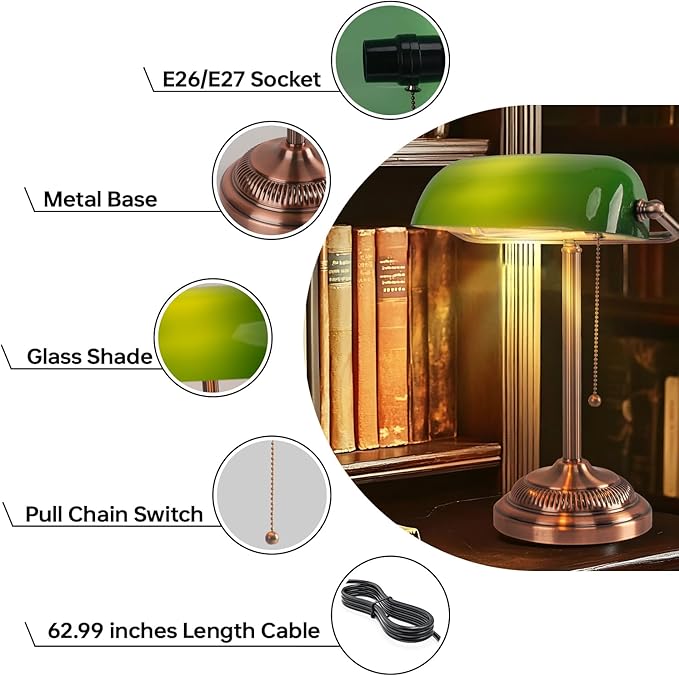 FIRVRE Green Glass Bankers Desk Lamp, Traditional Banker's Lamp, Vintage Lamp with Pull Chain Switch, Retro Table Lamps for Home Office, Library, Piano