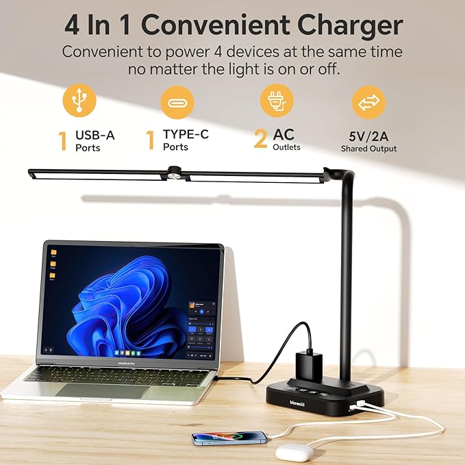 Adjustable LED Desk Lamp for Home Office | Integrated Power Hub with 2 Wide-Spaced AC Outlets, USB-C & USB-A Charging Ports | Anti-Glare Light, Foldable Design & Surge Protection