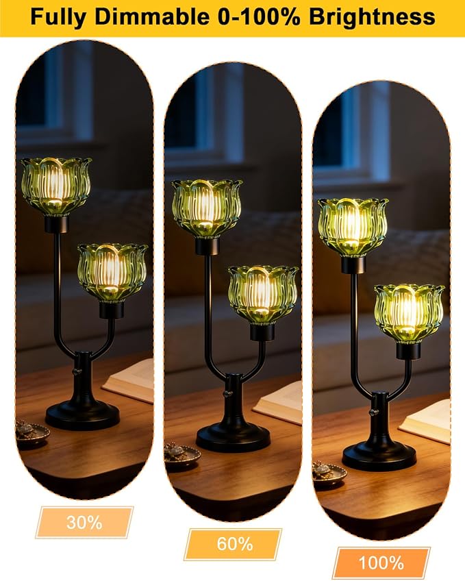 Lightdot Vintage Green Glass Table Lamp for Bedroom Dimmable Mid Century Modern Desk Lamp Black Flower Nightstand Lamp 2 Bulbs Included Warmwhite Ambient Bedside Lamp for Living Room Home Office Decor