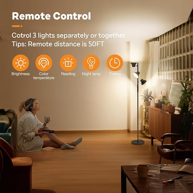 SIBRILLE LED Floor Lamp, 36W Modern Floor Lamp with Remote & Touch Control, 4 Color Temperatures, Standing Lamp with 3 Rotatable Lights, Floor Lamps for Living Room, Bedroom, Office