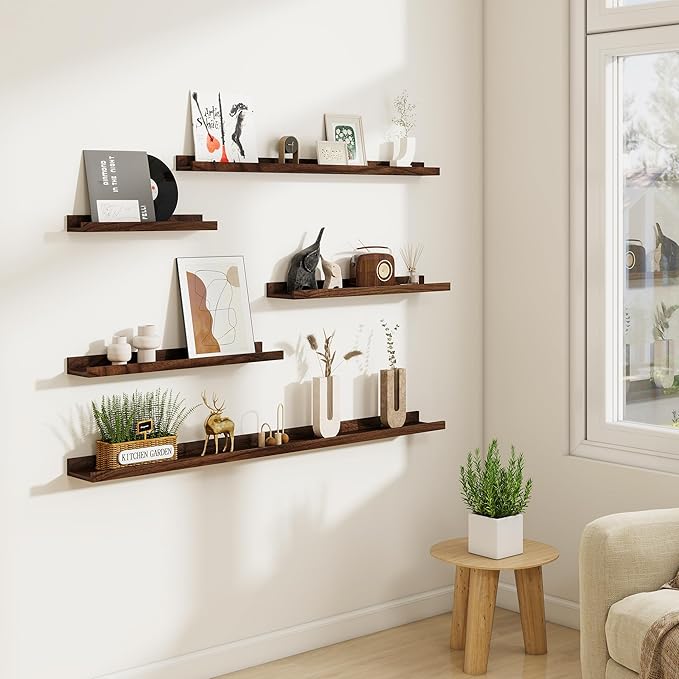 Picture Ledge Shelf Set of 6, 48 inch Long Large Floating Shelves for Wall with Lip, Wall Mounted Shelves for Living Room, Bedroom, Bathroom, Kitchen, Nursery,Walnut