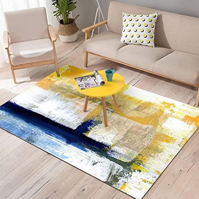 Oil Painting Abstract Yellow Ink Blue Art Area Rugs, Modern Nordic Foldable Area Rug, Non Slip Absorbent Easy Clean Washable Floor Carpets for Living Room Bedroom Entryway Kitchen-4x6ft