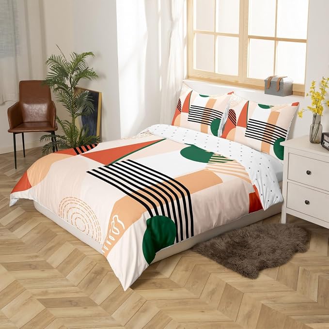 Erosebridal Red Brown Abstract Queen Comforter Cover for Kids Teens Girls | Colorful Geometric Duvet Cover Minimalist Circle Modern Bed Set Boho Contemporary Aesthetic Bedding Set