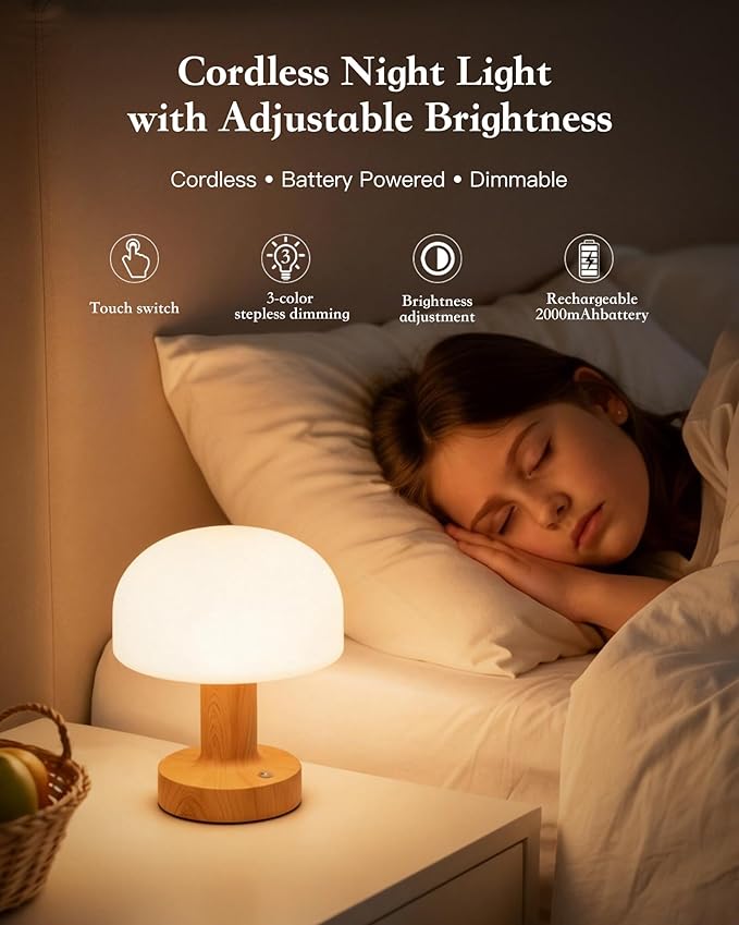 Cordless Mushroom Table Lamp,Mid-Century Modern Rechargeable Battery Operated Bedside Lamp,3 Color Modes & Stepless Dimming,Metal Base with Wood Grain Finish for Nightstand,Living Room,Cafe