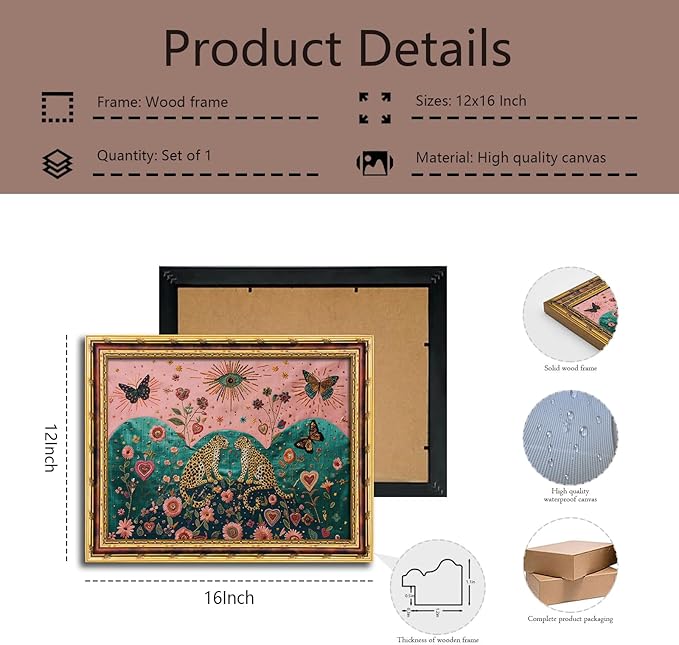 Mystical Leopard and Butterfly Wall Art with Gold Vintage Frame, Surreal Botanical Folk Art Print, Embroidery Style Boho Painting with Sacred Hearts and Cosmic Eye, Picture Wall Decor 12×16 Inch