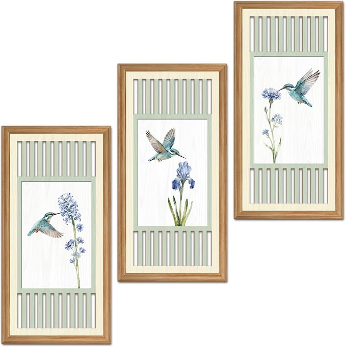 IARTTOP Vintage Floral Hummingbird Sage Green Wall Art Set of 3 Nature Floral Artwork Farmhouse Birds Wooden Wall Decor Country Cottagecore Home Decor for Living Room Bedroom 8 x16Inch Unframed