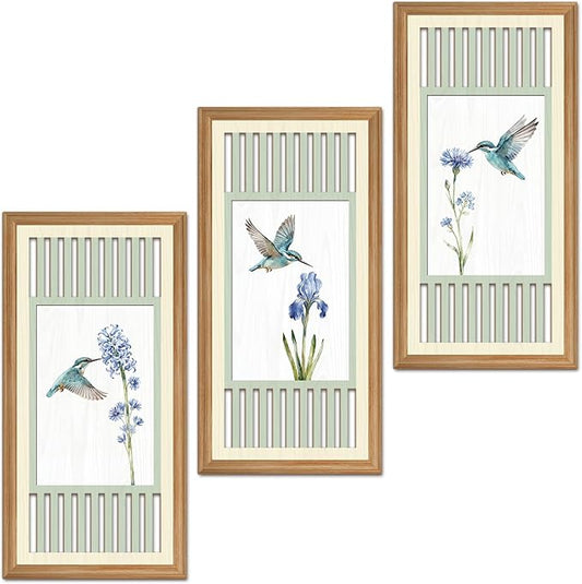 IARTTOP Vintage Floral Hummingbird Sage Green Wall Art Set of 3 Nature Floral Artwork Farmhouse Birds Wooden Wall Decor Country Cottagecore Home Decor for Living Room Bedroom 8 x16Inch Unframed