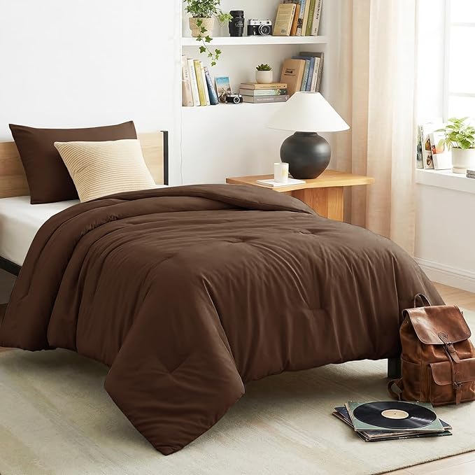 CozyLux Twin Comforter Set College Dorm Essentials, 2 Pieces Brown Twin Extra Long Solid Bedding Sets, Twin XL Bed Set with Down Alternative Comforter and 1 Pillowcase, Back to School Room Gift