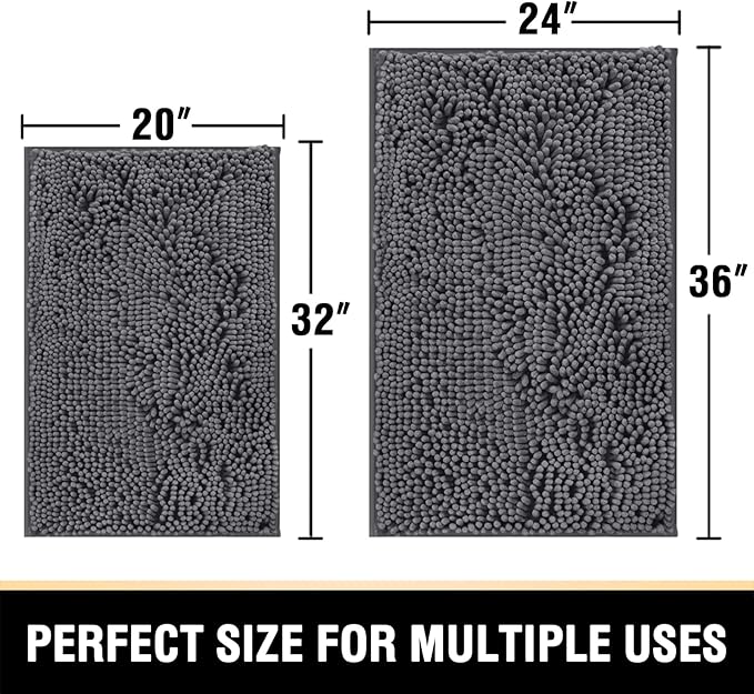 H.VERSAILTEX Bath Mats - Non Slip Luxury Chenille Bathroom Rugs, Extra Soft Absorbent Shaggy, Washable Fast Dry 2 Piece (Grey, 24" x 36"/20" x 32")