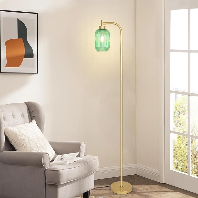 Glass Floor Lamp for Living Room, Modern Gold Standing Lamp with LED Bulb, Green Stripe Glass Shade, Foot Switch, Vintage Brass Tall Lamp, Minimalist Corner Pole Lamp for Bedroom Office