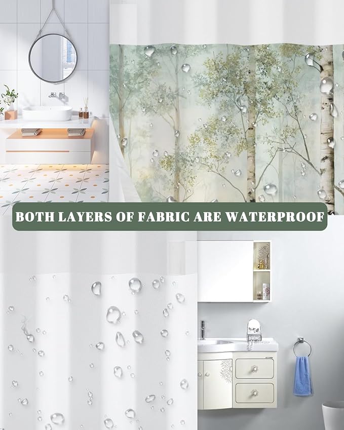 No Hook Shower Curtain and Liner Set, Birch Tree Forest Double Layer Waterproof Fabric Bath Tub Curtain for Rustic Farmhouse & Woodland Bathroom Decor, See Through Top, 71 x 74 Inch