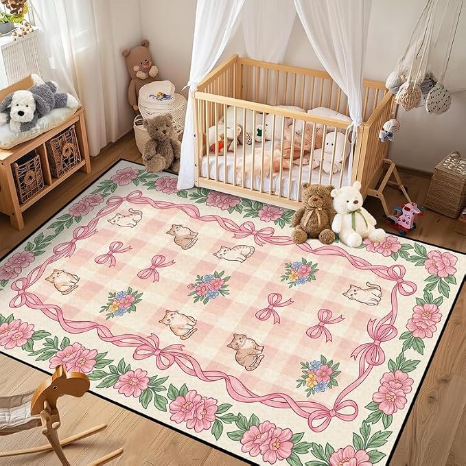 2'x3' Cat Floral Area Rug Pink Bow Flower Carpet Washable Rug Cute Cartoon Boho Floor Mat for Entryway Bedroom Living Room Nursery Playroom Classroom Home Decor