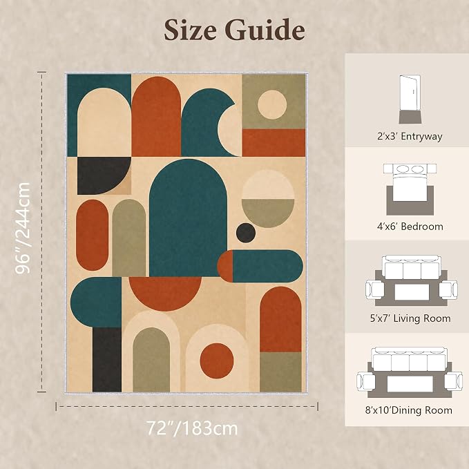 Teal Rust Area Rug 6x8, Mid Century Modern Mosaic Geometric Rug, Retro Abstract Color Block Washable Low Pile Non Slip Rug for Living Room Bedroom