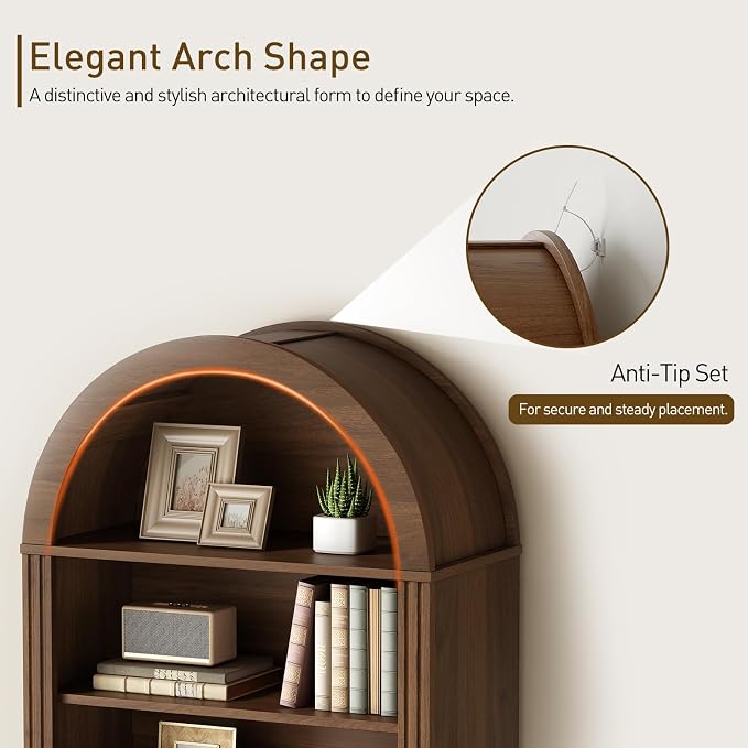 RALGEND Arched Bookshelf Set of 2, 73" Tall Arch Bookcase with Drawer, 6-Tier Farmhouse Book Shelf, Wooden Bookshelf with Open Display Shelves for Living Room, Office, Walnut