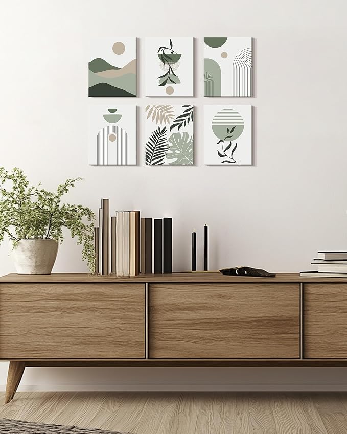 Drsoum Boho Framed Wall Art Minimalist Geometric Abstract Boho Room Decor Green Sage Botanical Mid Century Modern Bohemian Prints Living Room Bedroom Ready to Hang 8x10inx6pcs (Framed)