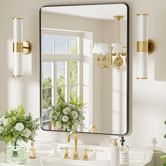24x36 inch Black Bathroom Mirror, Metal Framed Rounded Rectangle Wall Mount Vanity Mirror, HD Tempered Glass, Aluminum Frame, Horizontal or Vertical Hanging, Modern Home Decor