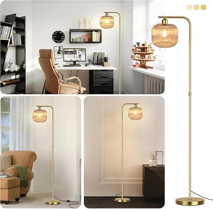Glass Floor Lamp for Living Room, Mid Century Modern Dimmable Floor Lamp with Amber Glass Shade and Pedal Switch, 67" Tall Vintage Gold Standing Lamp for Bedroom Study Room
