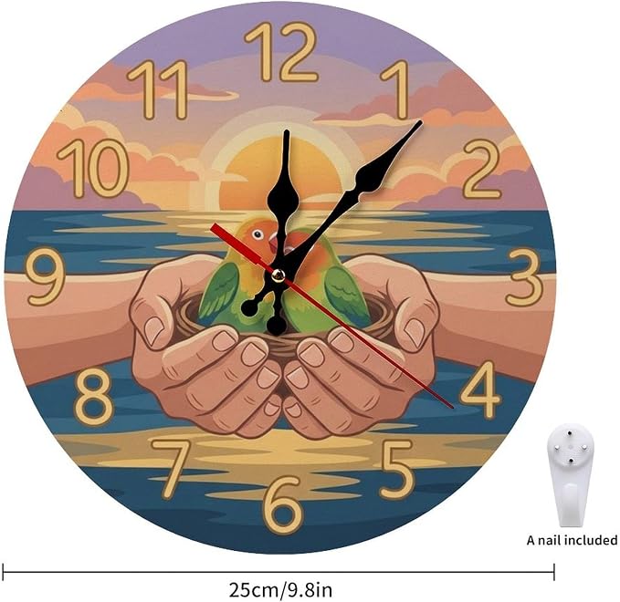 Lovebirds Sunset Ocean Wooden Wall Clock Silent Non Ticking Frameless Battery Operated Home Decor for Living Room, Kitchen, Bedroom, Office & Gift Idea 10/12 inch