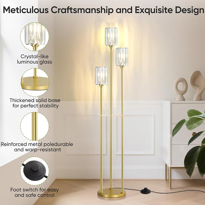 Crystal Floor Lamps for Living Room, Glass Modern Floor Lamp with Shelves, Mid Century Standing Lamps with Table, Brass Tall Lamp with Crystal Shade Vintage Retro Corner Floor Lamp (K9 Crystal Gold)