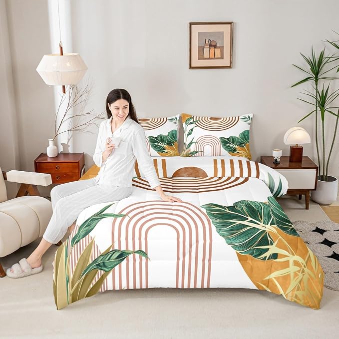 Erosebridal Mid Century Boho Bedding Set Full Simple Retro Tropical Palm Leaf Comforter Set for Kids Girls Women Orange Pink Sun Arch Minimalist Down Comforter Geometric Abstract Line Bed Set