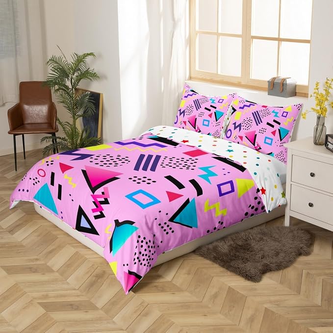 Memphis Duvet Cover Hipster Retro Bedding Set,80s and 90s Hip Hop Funky Comforter Cover Colorful Pop Art Inspired Pattern Twin Bed Set,Watercolor Eighties Memphis Geometrical 80s Bedroom Decor