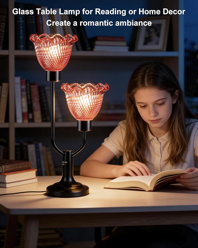 Lightdot Mid Century Modern Red Table Lamp Dimmable Flower Glass Desk Lamp Vintage Black Nightstand Lamp 2 Bulbs Included Warmwhite Ambient Bedside Lamps for Living Room Bedroom Home Office Decor Gift