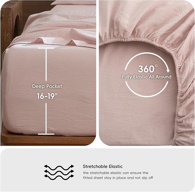 MooMee Bedding Sheet Set 100% Washed Cotton Linen Like Textured Breathable Durable Soft Comfy (Heathered Greyish Pink, King)