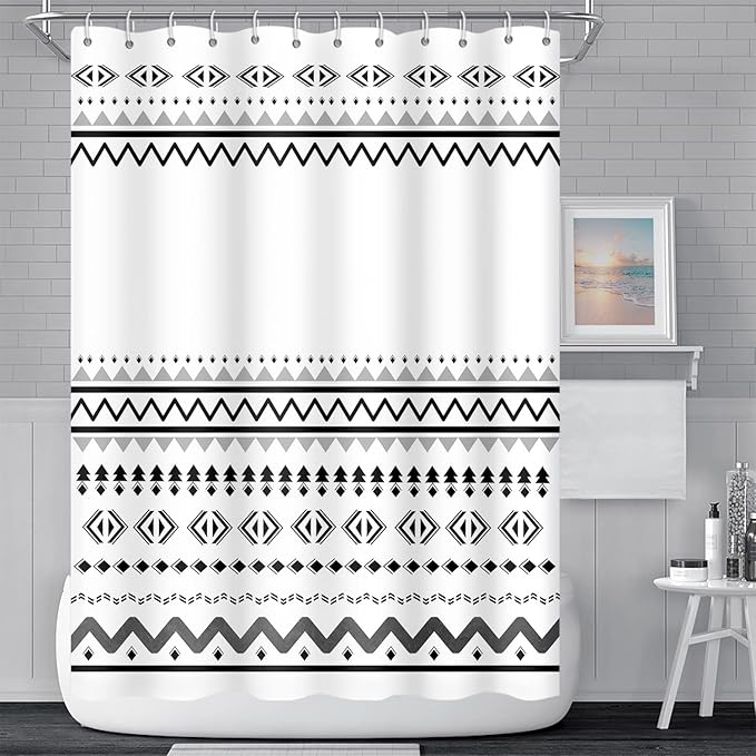 Abstract Pattern Bathroom Shower Curtain White Black Stripes Wave Waterproof Polyester Shower Curtains with Hooks Geometric Shower Curtain for Modern Home Decorative, 72x84 Inch