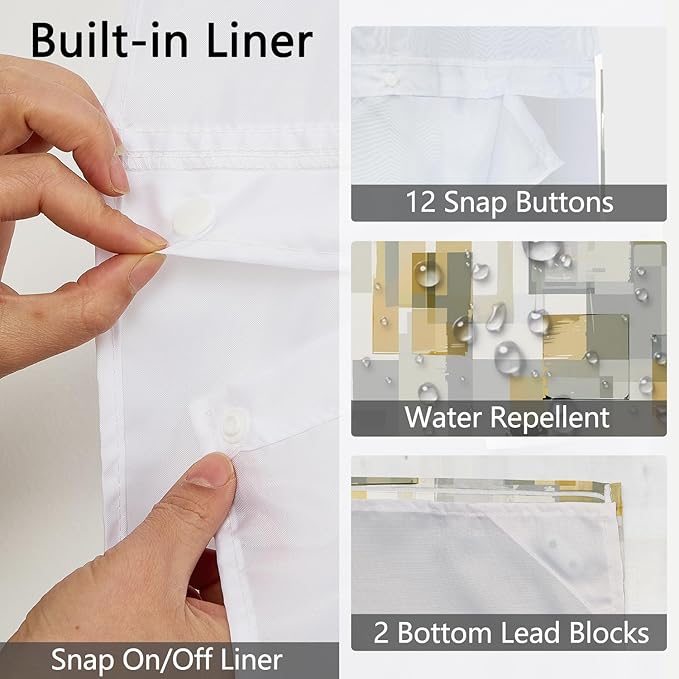 No Hook Shower Curtain with Snap in Liner, Modern Abstract Geometric Print, Grey & Gold Shower Curtains with See Through Mesh Top Window, Waterproof Cloth Fabric, 71x74 Inch