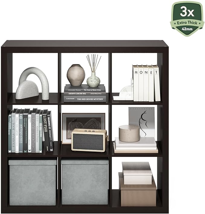 Furinno Cubicle Book Shelf, 9-Cube Bookshelf, Triple Thick Frame Cube Storage Organizer, 1.65" Thick Bookcase, 15.4" x 43.8" x 43.4", for Home Office, Living Room, Black Oak