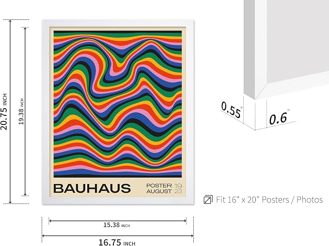 Poster Master Bauhaus Poster - Psychedelic Waves Print - Abstract ART - Rainbow ART - Groovy Style - Chic Boho - Mid Century Modern - Living Room or Bedroom Wall Decor - 16x20 White Framed