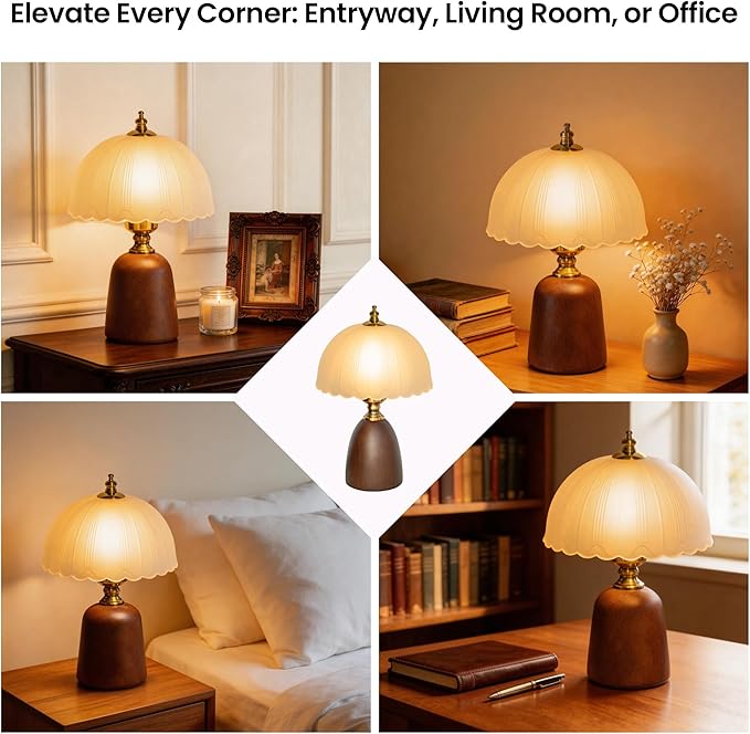 13“ Mid-Century Decorative Wooden Small Table Lamp, Frosted Scalloped Glass Shade, Solid Wood Base, Vintage Bedside Table Lamp for Bedroom Living Room, E26 Bulb Included
