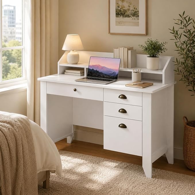 4 EVER WINNER White Desk with Drawers, 47'' Small Desk with File Drawer for Small Spaces, Wood Computer Desk with Monitor Stand for Home Office, Bedroom, White