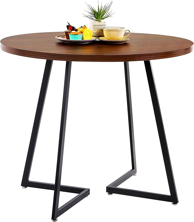 VECELO 35" Round Dining Table for 4, Wood-Grain Tabletop & Heavy-Duty Steel Frame, for Kitchen, Living Room, Easy Assembly, Walnut
