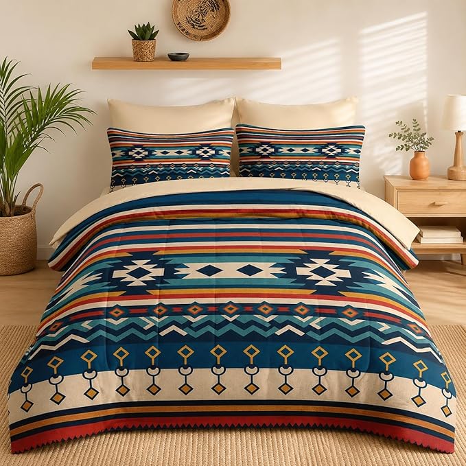Nesker Comforter Set Full Size, Southwest Aztec Geometric 7 Pcs Bedding for Kids and Adults, Bohemian Vintage Bed Sheet Sets with Fitted Sheet 2 Pillowcases & 2 Shams
