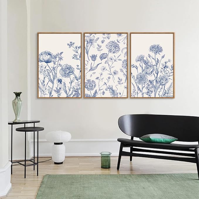 Tinonedraw Large Classic Chinoiserie Flower Framed Canvas Wall Art Set, Navy Blue and White Floral Wall Decor, Minimalist Neutral Botanical Art Printing for Living Room Bedroom Office Dorm 16"x24"x3