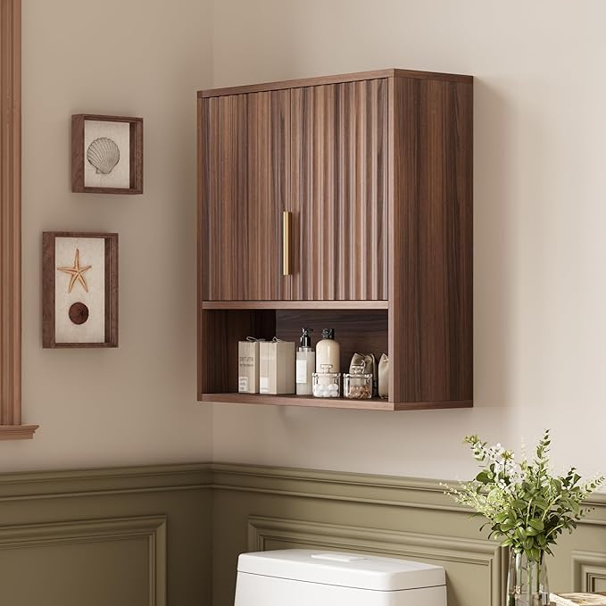VINGLI Bathroom Wall Cabinet, Walnut Fluted Medicine Cabinet with Doors, Wall Mounted Storage Cabinet Over Toilet with Adjustable Shelf, Mid-Century Hanging Organizer for Kitchen, Laundry