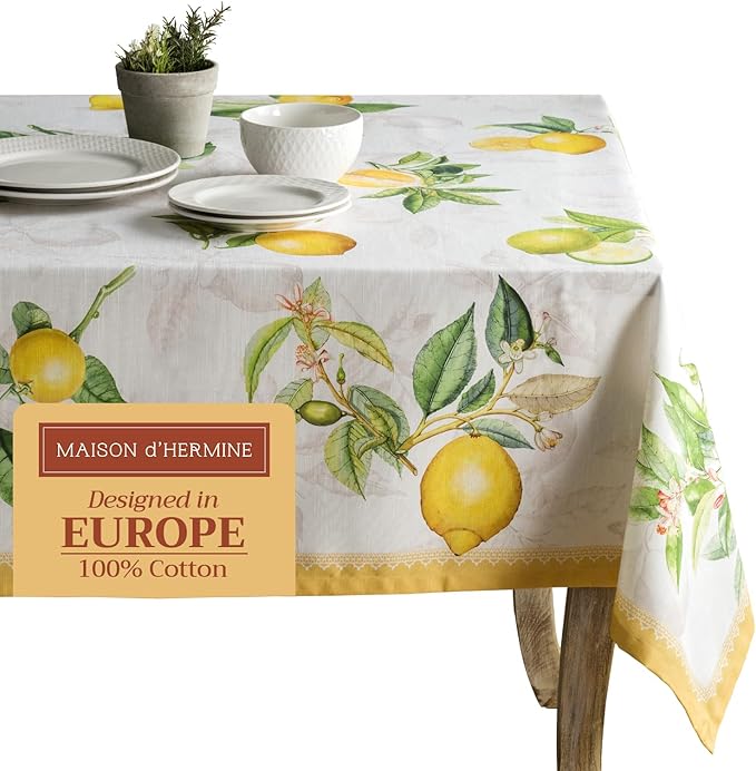 Maison d' Hermine Table Cloth Rectangle Table 100% Cotton 60 x 108 Inches Tablecloth Reusable Decorative for Dining Room Farmhouse Home Valentines Day Decorations Spring Summer - Limoncello