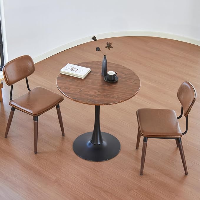 Round Dining Table, 24" Circle Tulip Table with Thickened Tabletop & Metal Pedestal, Mid Century Modern Bistro Table for Kitchen, Small Places, Living Room, Cafe (Brown)