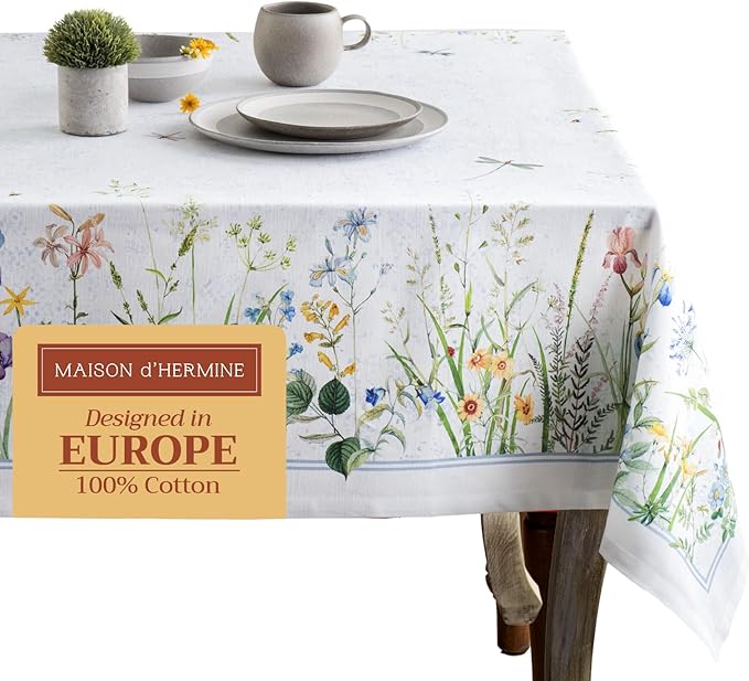 Maison d' Hermine Table Cloth Rectangle Table 100% Cotton 70 x 120 Inches Tablecloth Reusable Decorative for Dining Room Farmhouse Home Valentines Day Decorations Spring Summer - Fleurs De Mai