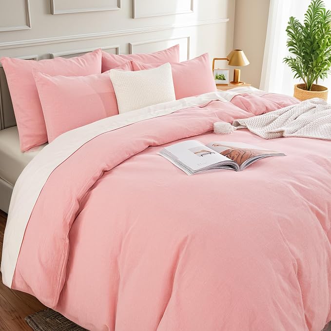 NEXHOME PRO Duvet Cover Queen 100% Washed Cotton, Organic Natural Linen Like Textured, Breathable, Durable, Home Bedding Set, Heathered Pink 9090