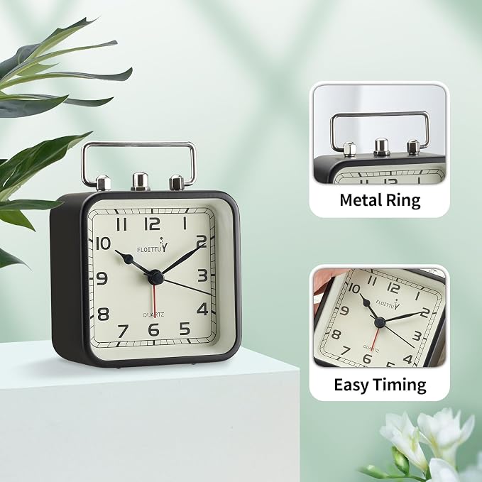 FLOITTUY Square Metal Beep Alarm Clock Silent No Ticking, Snooze and Battery Operated, Night Light and Desk Clock for Bedroom/Travel/Kids, Easy Set(Black)